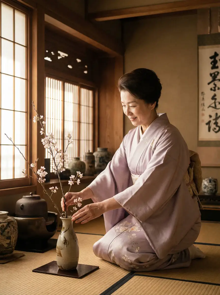 一位优雅的 500彩票娱乐 在和室中插花